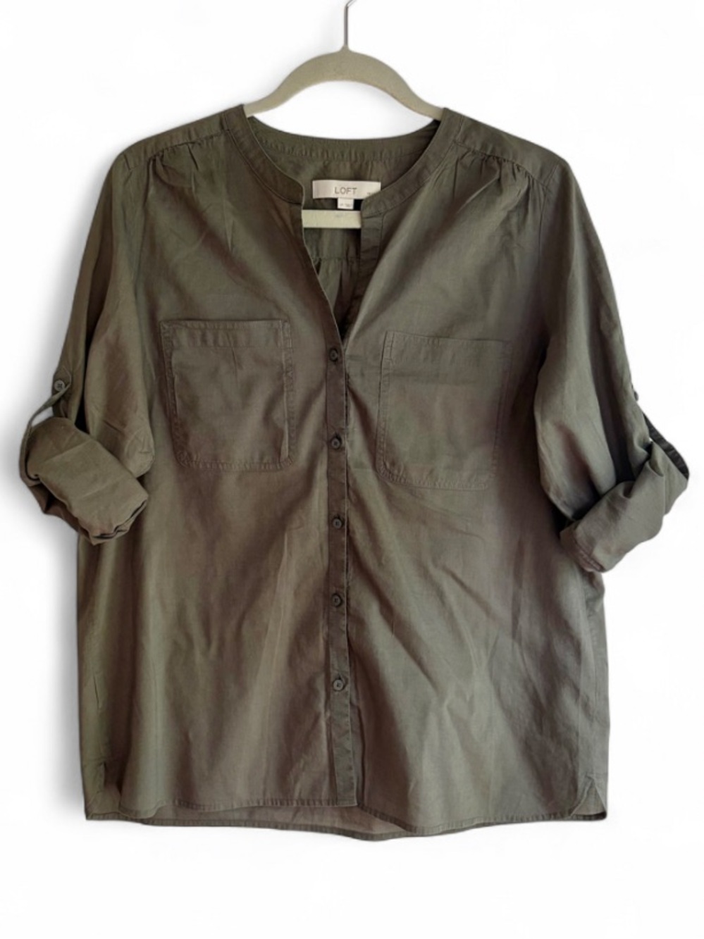 Loft 100% Cotton Olive Green Roll Sleeve Button Down Shirt Size L Petite